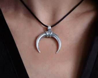 Mithras necklace - Tusk Crescent Moon Necklace - Tusk Necklace - Upside Down Moon Necklace - Double Horn Necklace -925 Sterling Silver