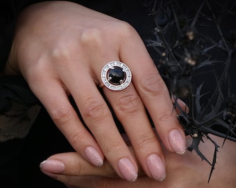Zilveren maanfasering met natuurlijke ZWARTE OBSIDIAN - verstelbare ring