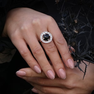 Anillo de Plata con Fases Lunares y OBSIDIANA NEGRA natural - anillo ajustable
