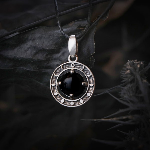 MOON PHASES Necklace with natural Black Obsidian made of 925 Sterling Silver