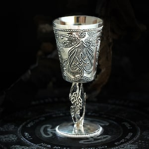 Solid 925 Sterling Silver Goblet / Chalice Cup with ornament of Oak trees / 925 Sterling Silver Filigree Wine Goblet