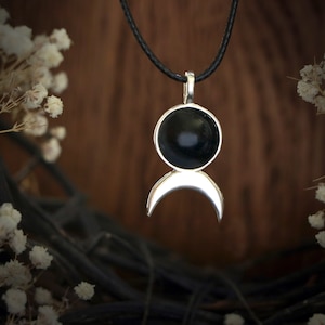 Silver Crescent moon Necklace with natural Black Obsidian