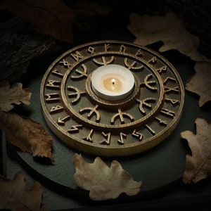 WOODEN Candle holder with Elder Futhark 24 runes  made of ASH-TREE / for home decor or for your home Odin Altar / Norse Pagan