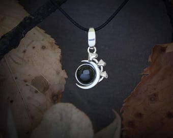 Naszyjnik z grzybem obsydianowym ze srebra próby 925, biżuteria Witchy Cottagecore