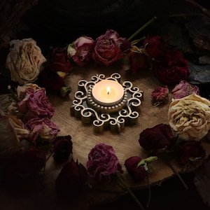 Wooden Candle Holder / Pentagram Victorian Style, made of Ash-Tree, for a home altar or home decor