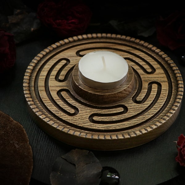 WOODEN Hecate Candle holder made of ASH-TREE witch is related to Hekate Goddess with Labyrinth of Hecate or Strophalos for home altar decor