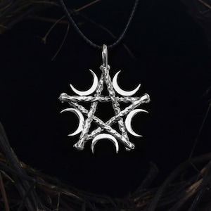 STERLING SILVER PENTAGRAM Pendant with crescents around it / Pentagram Necklace / Witch necklace / pentacle pendant