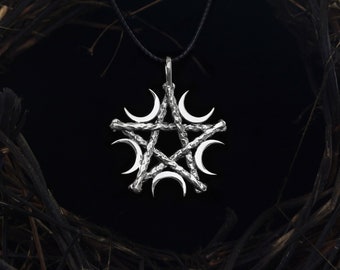 Sterlingzilveren pentagramketting met halve maantjes, Witchy-sieraden