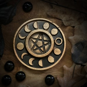 WOODEN Candle holder with Pentagram and moon phases made of ASH-TREE witch is related to Hecate Goddess for home altar or decor