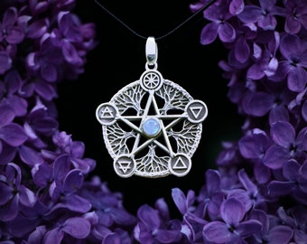Sterling Silver Pentagram Necklace – Moonstone, Elements, Wiccan Pendant