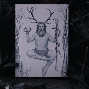 Cernunnos - Horned God for altar - Wall Art Decoration - print on wooden board - 7x5 inches or 18x13cm