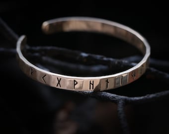 Elder Futhark Runes Arm Bracelet: Bronze or Sterling Silver Viking Cuff