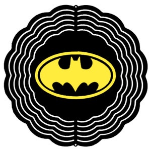 May include: Black and yellow Batman logo on a black background with white wavy lines around the edge.