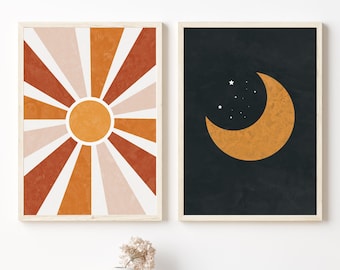 Set of 2 Boho Wall Art, Abstract Sun and Moon Printables, Burnt Orange and Dark Blue Wall Art, Boho Art Prints, Printable Nursery Wall Art