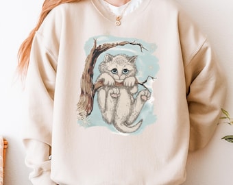 Opalite Kitten in Tree Sweatshirt, 90s nostalgia playful cat crewneck, Showgirl gift idea