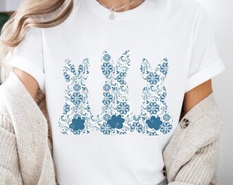 Chinoiserie Bunny Shirt: Blue Toile de Jouy Easter Tee