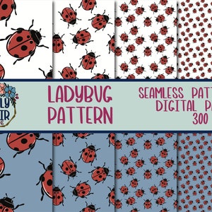 Ladybug Seamless Pattern Digital Paper, 8 PNG Files Scrapbook Backgrounds, Red Bug Cute Printable Design, 300 DPI Clipart