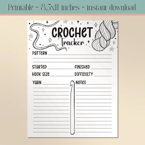 Peut inclure: Un suivi de crochet imprimable avec le texte "CROCHET Tracker" en haut. Le design comprend des espaces pour enregistrer les détails du modèle, la taille du crochet, le fil et les notes. La page mesure 21,6 x 27,9 cm.