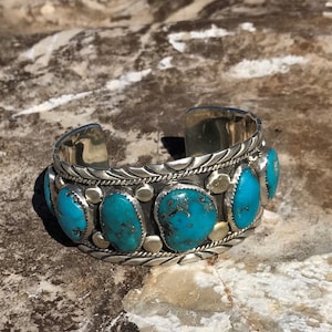 Navajo Handmade Large Sterling Silver Cuff with Kingman Turquoise by Charlene Little