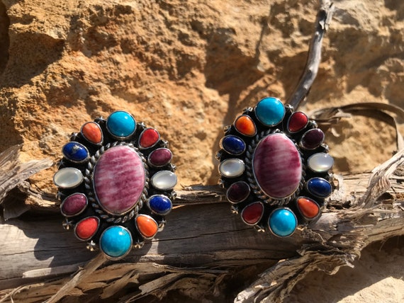 Awesome Native American Navajo Kingman Turquoise Purplestone Earrings Awesome Native American Navajo Kingman Turquoise Purplestone Earrings