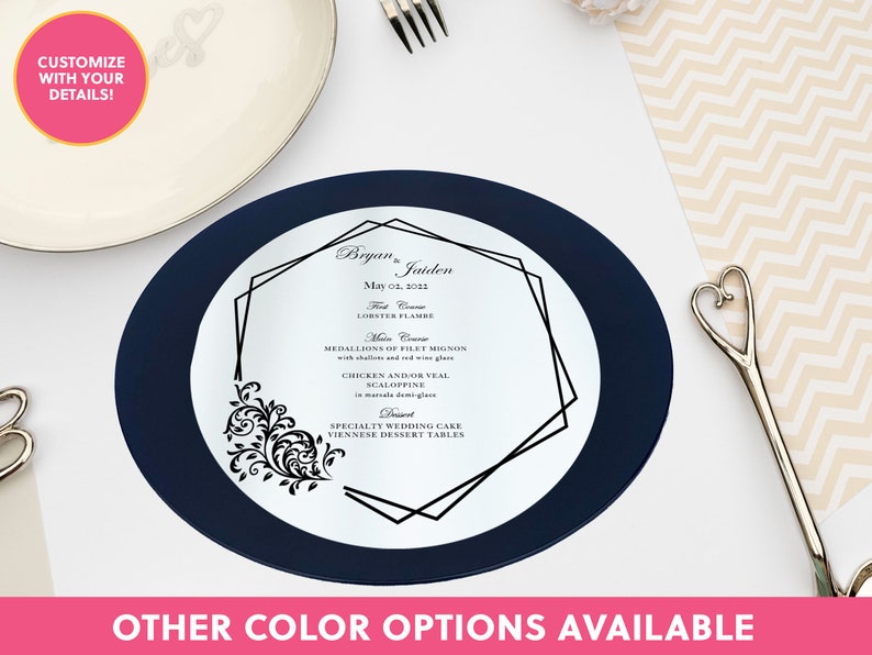 wedding meal menu with filigree and geometric design