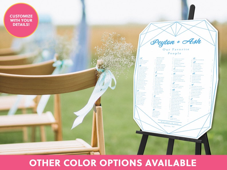 Ceremony sign seating chart in white and blue