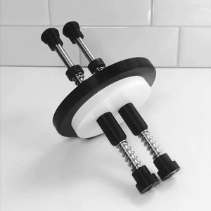 May include: A black and white bottle stopper with two spring-loaded plungers. The stopper has a round base and a white center.