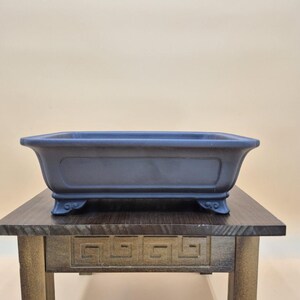 Puede incluir: Una maceta rectangular azul oscuro para bonsái con bordes redondeados y pequeños pies. La maceta está sobre una mesa de madera marrón oscuro con un patrón decorativo. El fondo es de color beige claro liso.