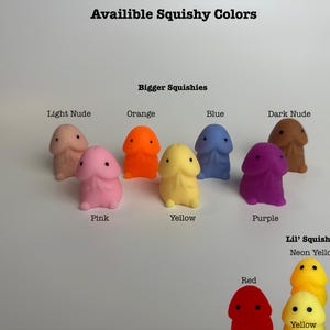 Puede incluir: Imagen que muestra una variedad de juguetes blandos y coloridos con forma de pene. Los juguetes est&aacute;n disponibles en color piel claro, rosa, naranja, amarillo, azul, morado y piel oscura. Las versiones m&aacute;s peque&ntilde;as est&aacute;n disponibles en amarillo ne&oacute;n, rojo, amarillo y verde. El texto en la parte superior dice "Availible Squishy Colors."