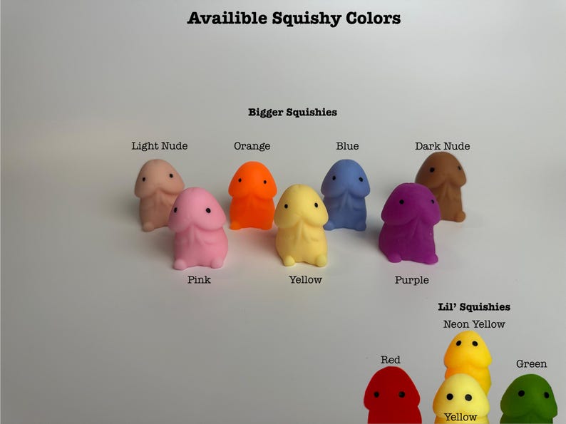 Puede incluir: Imagen que muestra una variedad de juguetes blandos y coloridos con forma de pene. Los juguetes est&aacute;n disponibles en color piel claro, rosa, naranja, amarillo, azul, morado y piel oscura. Las versiones m&aacute;s peque&ntilde;as est&aacute;n disponibles en amarillo ne&oacute;n, rojo, amarillo y verde. El texto en la parte superior dice "Availible Squishy Colors."