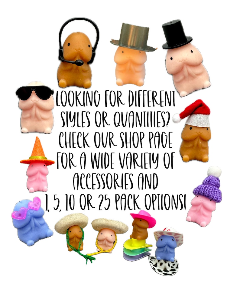 Puede incluir: Una colecci&oacute;n de figuras novedosas en varios colores y estilos, cada una adornada con diferentes accesorios como sombreros, gafas de sol y auriculares. La imagen incluye el texto: "LOOKING FOR DIFFERENT STYLES OR QUANTITIES? CHECK OUR SHOP PAGE FOR A WIDE VARIETY OF ACCESSORIES AND 1, 5, 10 OR 25 PACK OPTIONS!"