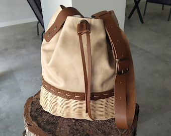 Genuine Leather Women  Backpack, Handbag, Purse for Women, Leather Shoulder Bag, Handstitched Leather Bag, leather bag with bamboo basket