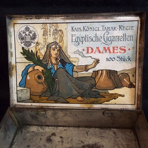 Old tin box lady cigarettes paper label Kais.Königl Tabak Director, Vintage box from the Austrian K&K for 100 pieces of Dames cigarettes.