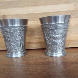 Set of 2 Vintage Rein Zinn BMF Pewter Cup, Small Pewter Tumbler, Ornate German Cup, Embossed Tin Cup,  50&#39;s, Barware Collectible