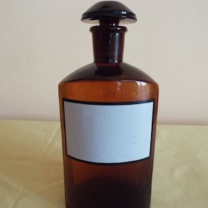 Vintage medical bottle, Vintage glass apothecary bottle with stopper,  Pharmacy bottle, Large vintage brown bottle