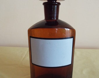 Grande bottiglia da farmacia in vetro marrone vintage con tappo