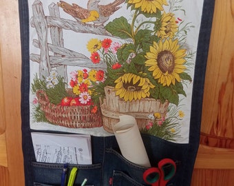Denim Wall Organizer: Upcycled Jean Pockets, Floral Print Hanging Storage