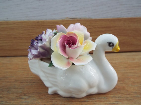 Porcelain Swan with three flowers, Hand Made  by Aristocrat Bone China in England