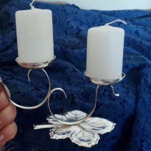 Vintage metal candle holder, Silver metal candle holder for two candles
