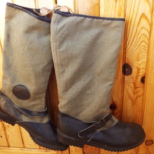 Vintage  Never used  Leather &  Canvas  Boots, Hunting  boots, Black Leather and Green Tarpaulin Hunting Boots