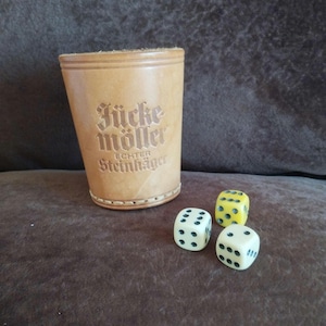 Vintage Barbut Game Set: Leather Dice Cup with Dice, German Collectible