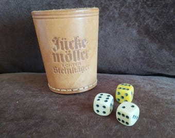 Vintage Barbut Game Set: Leather Dice Cup with Dice, German Collectible