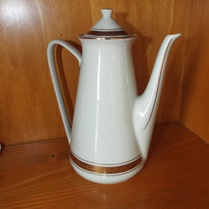 Vintage 70s White Old Jug with golden decoration, White Porcelain Pitcher with Lid