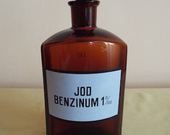 Bottiglia da farmacia in vetro marrone vintage con tappo: etichetta "JOD BENZINUM"