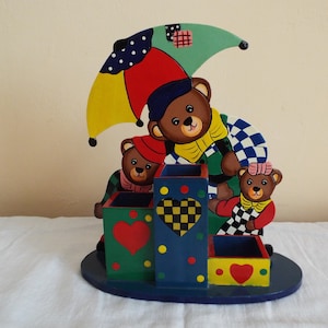Vintage pencil holder with cute bears, themed child&#39;s room decor from the 70s