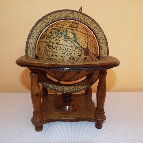 Vintage World Globe with Zodiac Signs and Wooden Stand, Astrological Decor