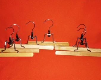 Set of 4 small and 2 larger vintage wooden trouser hangers, retro trouser stretcher, wooden skirt and trouser peg