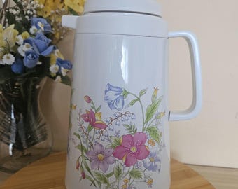 Termo vintage, jarra térmica floral vintage con tapa, jarra de café isotérmica retro, decoración de cocina de mediados de siglo, jarra con diseño de flores blancas
