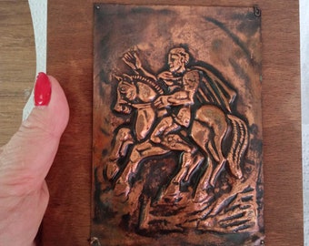 Vintage Handmade Burnished Copper Art Piece - Copper Embossed. Copper Relief horseman Illustration - Handmade Metal Wall Art