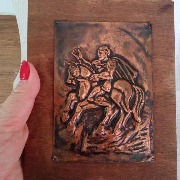 Vintage Handmade Burnished Copper Art Piece - Copper Embossed. Copper Relief horseman Illustration - Handmade Metal Wall Art